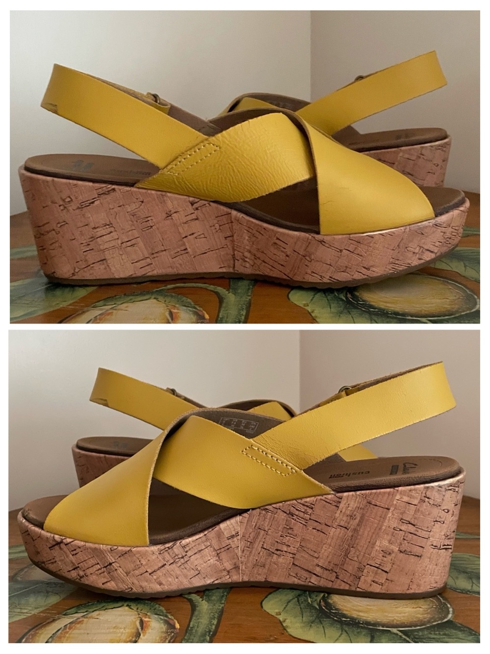 Clarks ‘Stasha Hale’ Yellow Leather Sandals Cross-Strap Cork Wedge Size 7.5 Wide - Picture 5 of 12